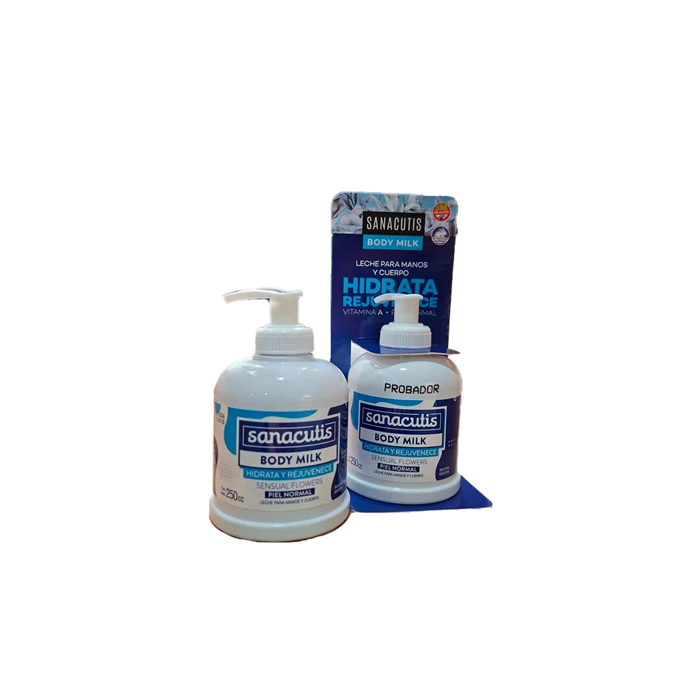 [F04028656] COMBO 8 CREMAS BODY MILK X 250 C/VALV + 1 BONIF + 1 PROBADOR C/VAL SANACUTIS